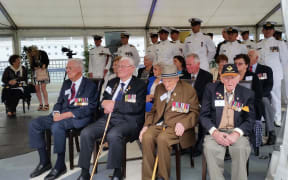HMS Achilles veterans on board HMNZS Te Kaha, from left: John Thomson, Bob Batt, Howard Heffer and Roy Waide