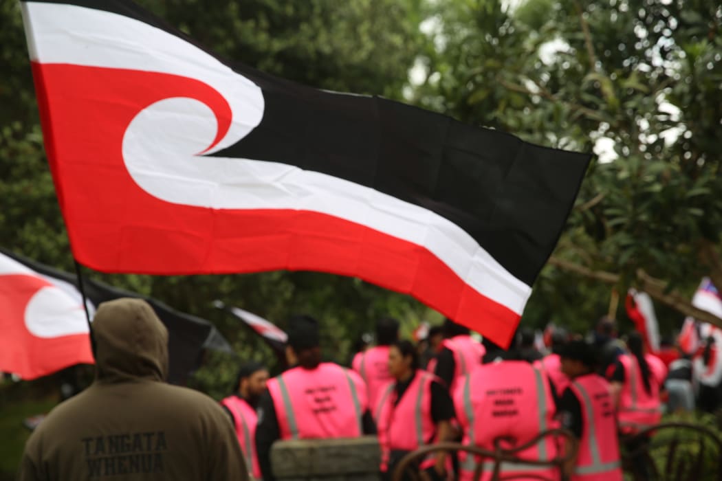 Tāne flys his Tino Rangatiratanga Flag at the Hīkoi mō Te Tiriti in Tāmaki Makaurau.