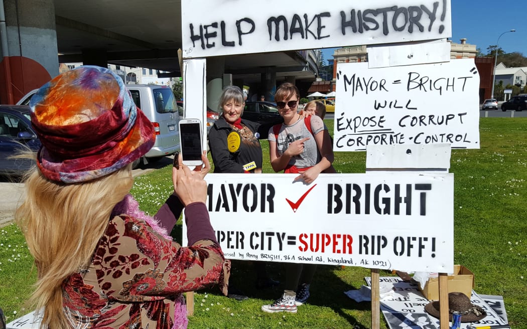 Penny Bright (left) and a supporter at her campaign launch.