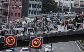 Māori Action Day protesters gather on an overbridge on Wellington's inner city motorway on 5 December 2023.