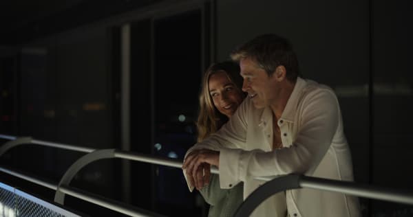 Kerry Condon as Kate and Brad Pitt as Sonny Hayes in F1 The Movie.