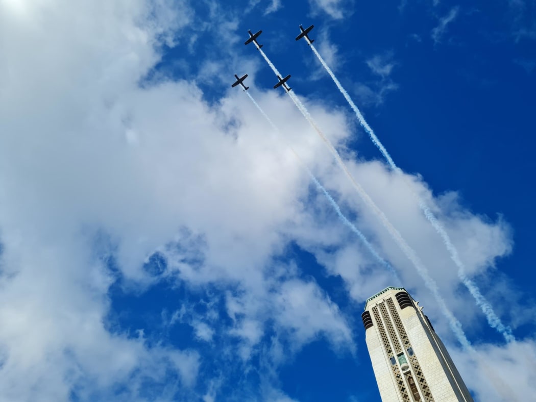 A flypast during the Anzac Day morning ceremony in Wellington.