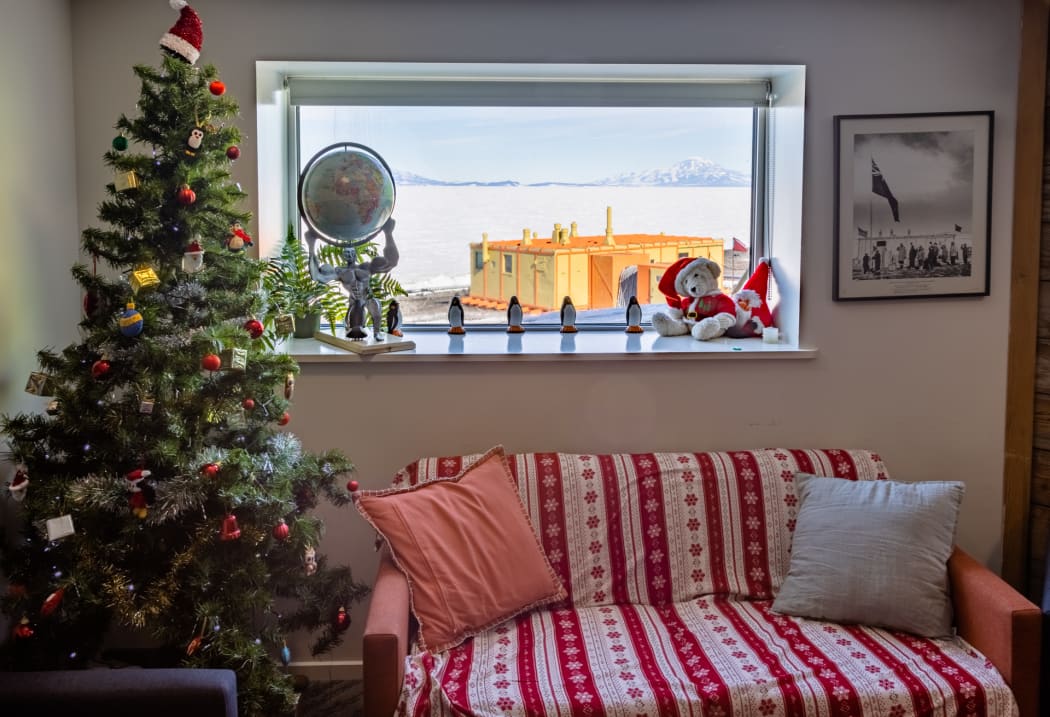 The Christmas tree looking out to Hillary's Hut