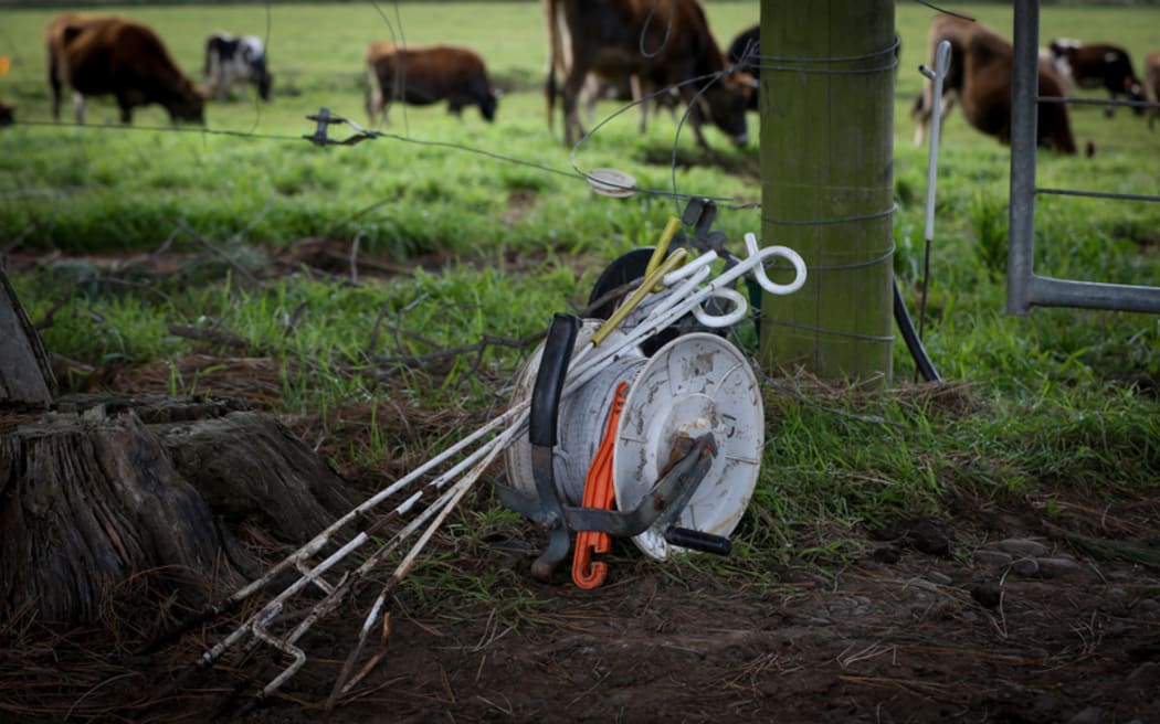 Fencing equipment on an organic farm in the Manawatu.
