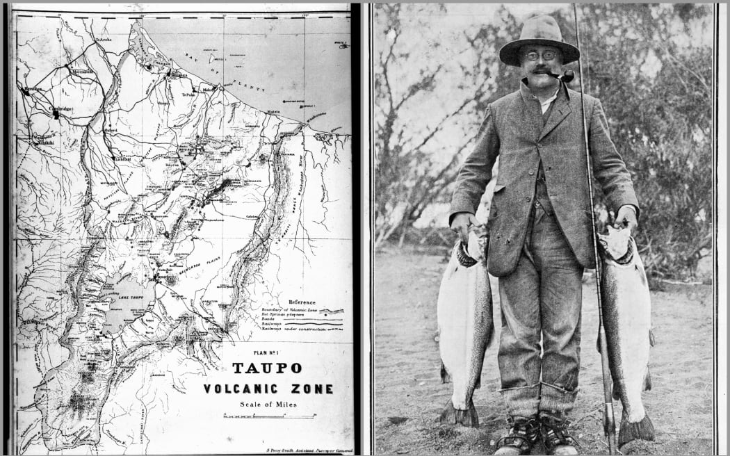 Map of Lake Taupō and the Upper Waikato (Tongariro) River. Right, Trout taken from the Tongariro River with minnow.