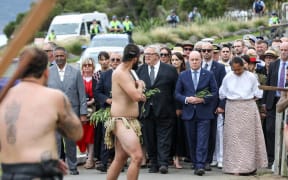 Prime Minister Christopher Luxon is welcomed on to Ōnuku marae.