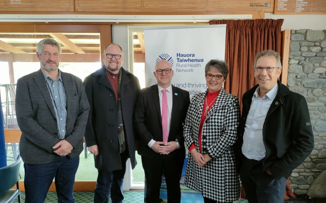 Mental Health Minister Matt Doocey (centre) and Kaikōura MP Stuart Smith (right) discuss rural health issues with North Canterbury mayors Craig Mackle (Kaikōura, left), Dan Gordon (Waimakariri) and Marie Black (Hurunui) at the Hanmer Springs Golf Club on Monday, July 7.