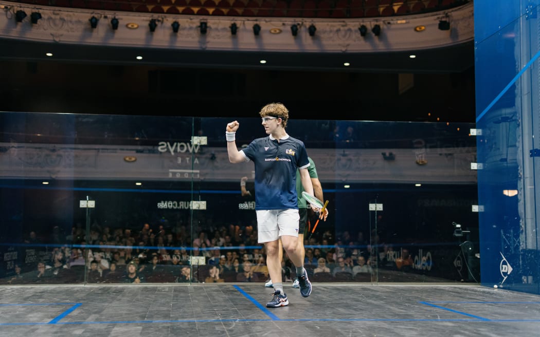 New Zealand's Ollie Dunbar beats Portugal's Rui Soares in NZ Squash Open first round 2025.
