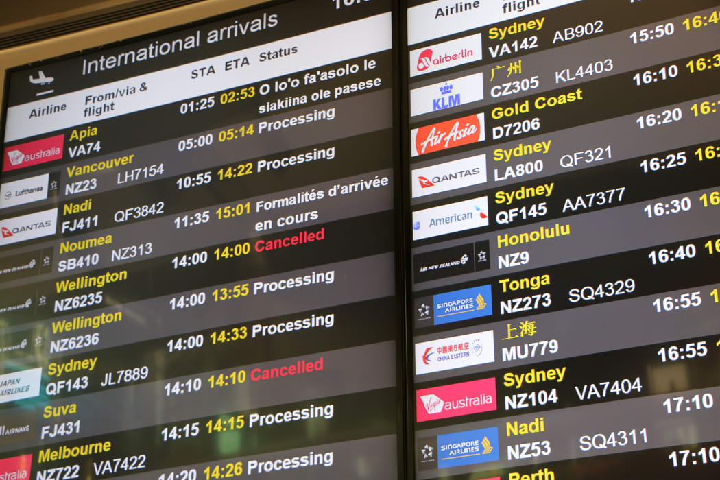 Airport arrivals board showing New Zealand and Pacific countries