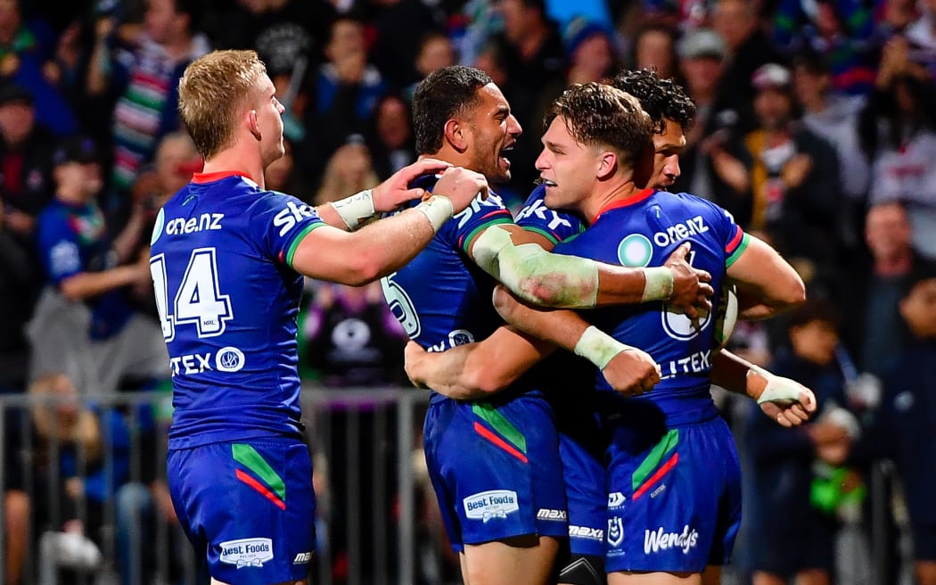 The Warriors celebrate Luke Metcalf's try against the Raiders at Apollo Projects Stadium in Christchurch.