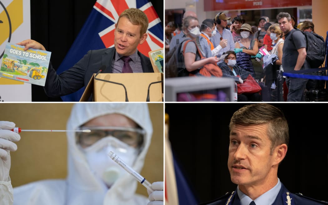 Minister of Education Chris Hipkins. Travellers leaving Peru on March 16. A healthcare worker taking a swab test for Covid-19. Police Commissioner Andrew Coster.