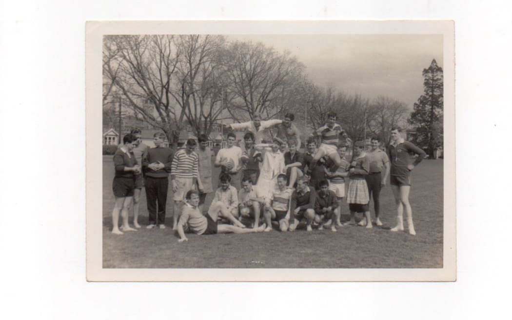 Leo Moggie at Otago University with Selwyn College students during initiation week 1962.