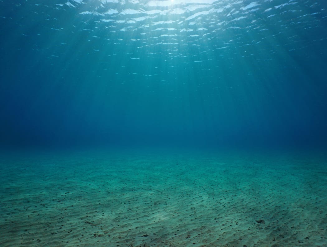 Underwater seascape sandy seabed with natural sunlight below water surface in the Mediterranean sea, France