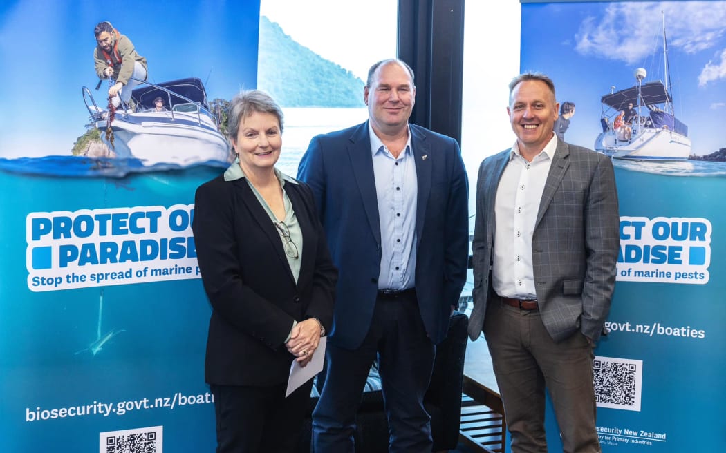 Councillor Barbara Faulls, Minister Hoggard and Port Marlborough chief executive Rhys Welbourn.