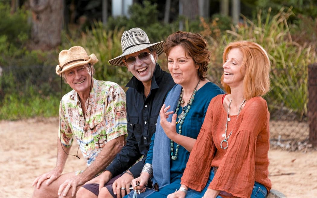 Bryan Brown, Richard E Grant, Greta Scacchi and Heather Mitchell in a scene from the movie Palm Beach. Supplied by Universal Pictures.
