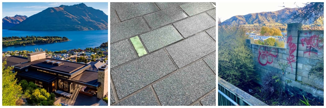 Queenstown housing, Pounamu paving and grafitti in Wanaka