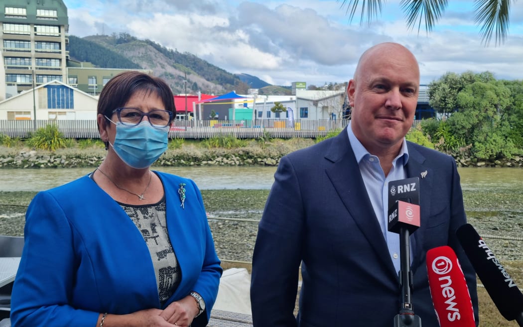 National MP Maureen Pugh and party leader Christopher Luxon speak at a stand up in Nelson.