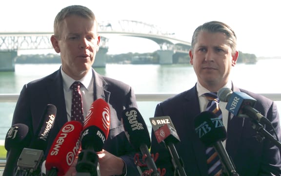 Prime Minister Chris Hipkins and Minister for Auckland and Transport Michael Wood at the announcement for a new Auckland harbour crossing.