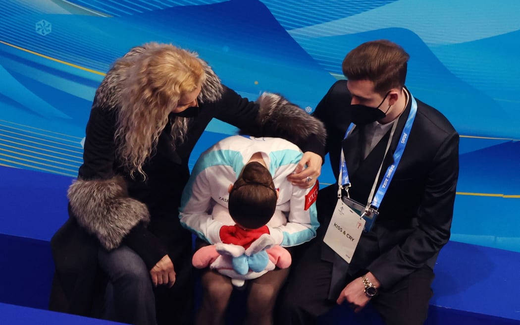 Kamila Valieva of ROC figure skater reacts after Figure Skating Women Single Free Skating at Beijing Olympics.