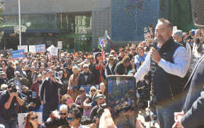 Advance Party co-leader Billy Te Kahika addresses the crowd demonstrating against the government's use of lockdowns and other Covid-19 restrictions on 12 September, 2020.