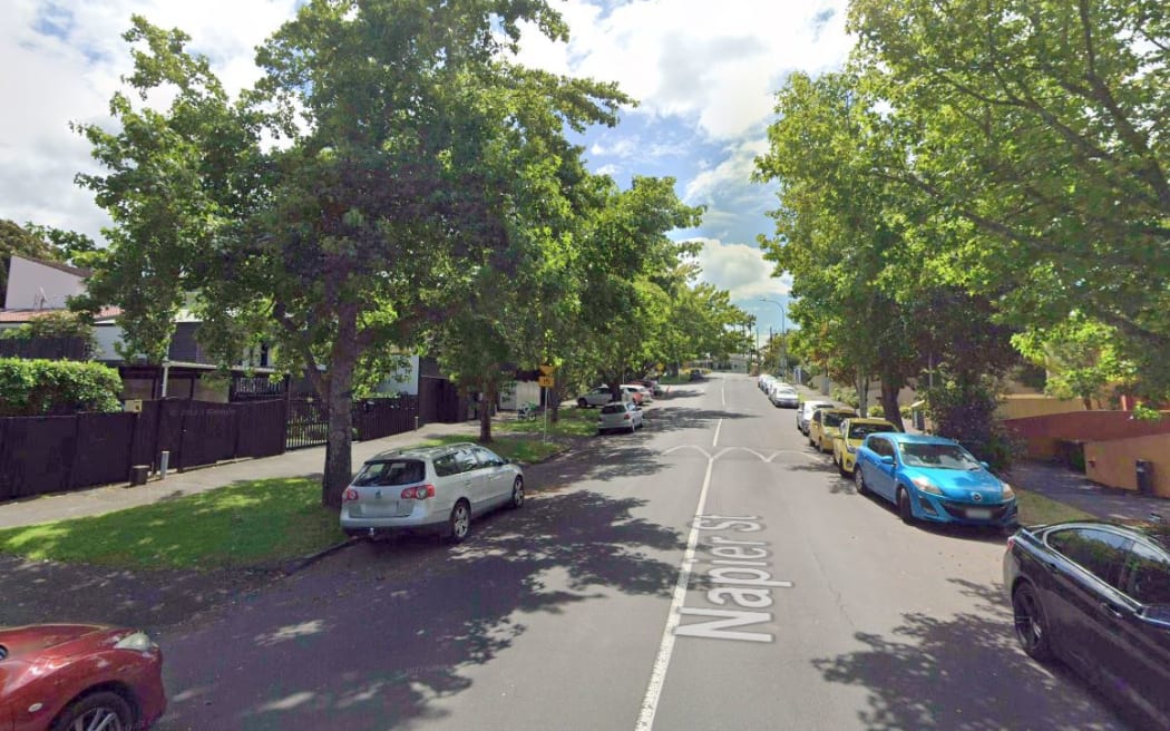 A street in a central Auckland suburb lined with trees and cars and townhouses.
