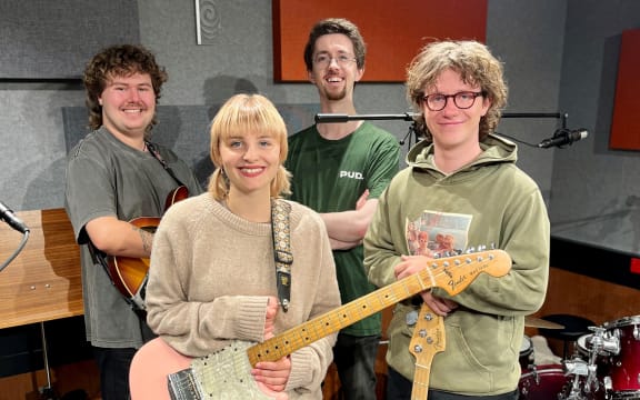 Mim Jensen and band in the RNZ Christchurch studio for NZ Live.