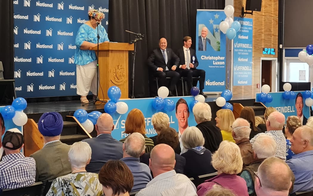 National Party leader Christopher Luxon and candidate Sam Uffindell (right, onstage) at the Tauranga by-election launch.