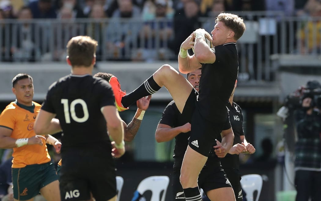 Jordie Barrett of the All Blacks kicks Marika Koroibete of the Wallabies in the face during the Rugby Union Bledisloe Cup Game 3 between the Australia Wallabies and the New Zealand All Blacks at Optus Stadium in Perth, Sunday, September 5, 2021. (AAP Image/Richard Wainwright/ www.photosport.nz