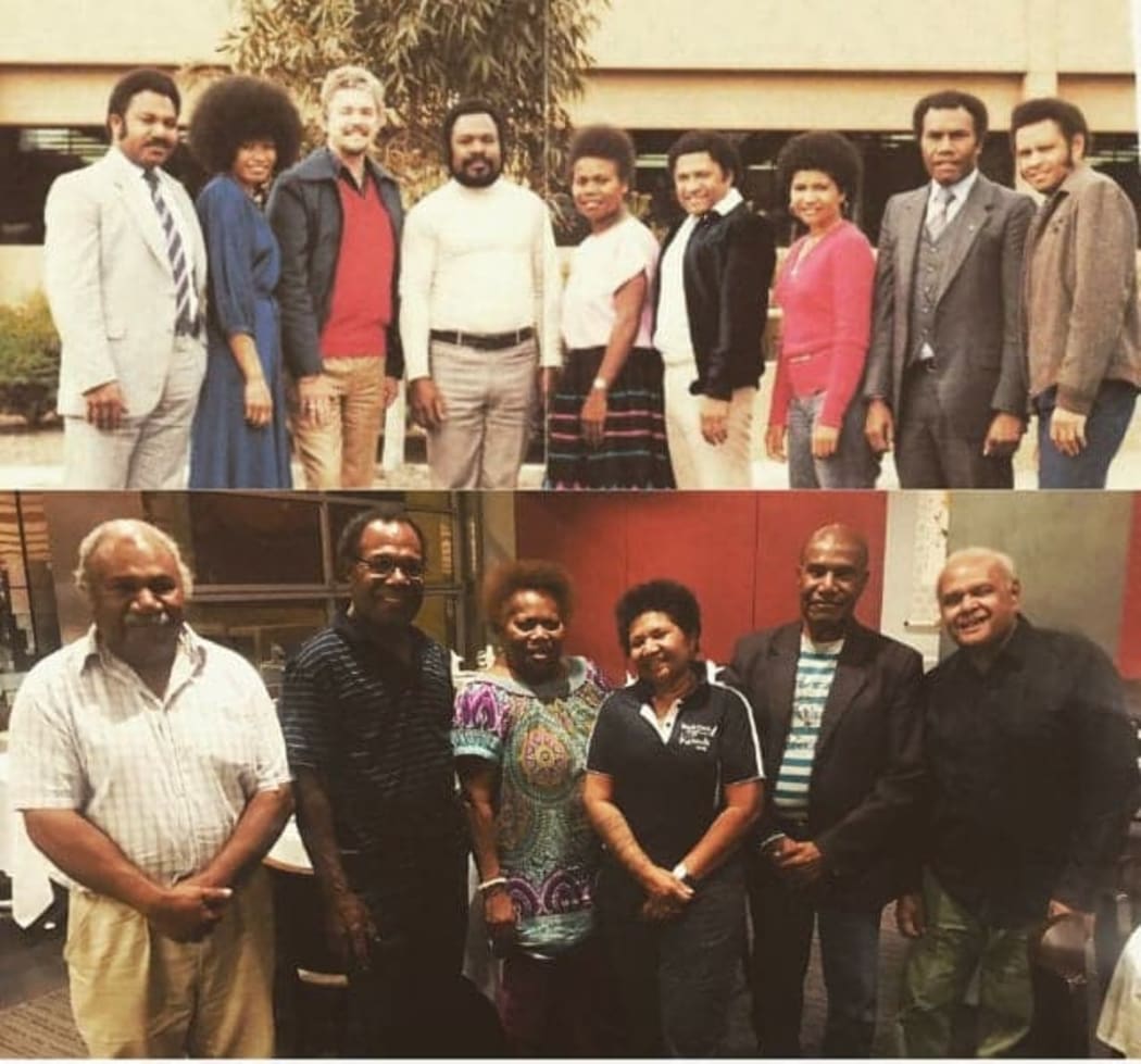 Caroline Tiriman (centre in top photo) with colleagues from ABC PNG in the 80s and (third from left in bottom photo) with some of the same colleagues at her farewell in Melbourne, April 2019.
