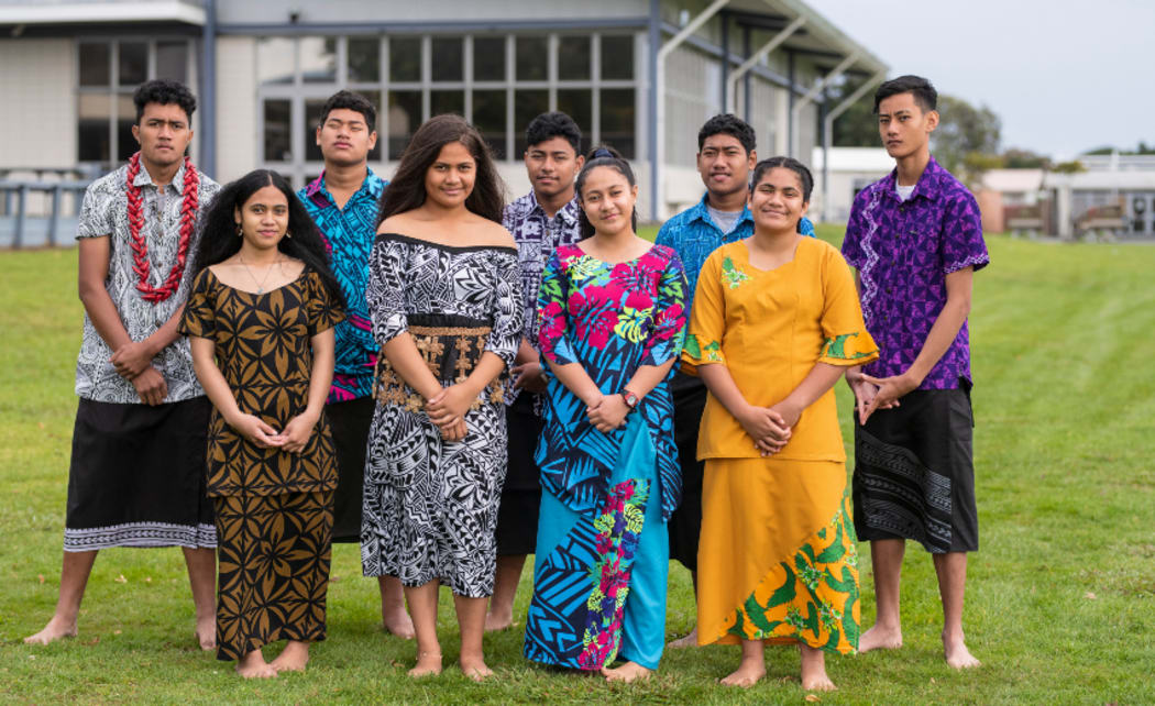 Tangaroa College's student authors. L to R: Setu Misilī, Elizabeth Vaō, Malo Malaki, Petala Nanai, Misilī Misilī, Fiapule Tanuvasa, Tini Malaki, Pelenaise Finau, Togisau Chan Sau.