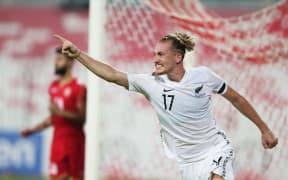 Niko Kirwan celebrates his goal against Bahrain 2021.
