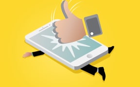 Illustration of giants like icon stumping on mobile phone and squashed businessman underneath it