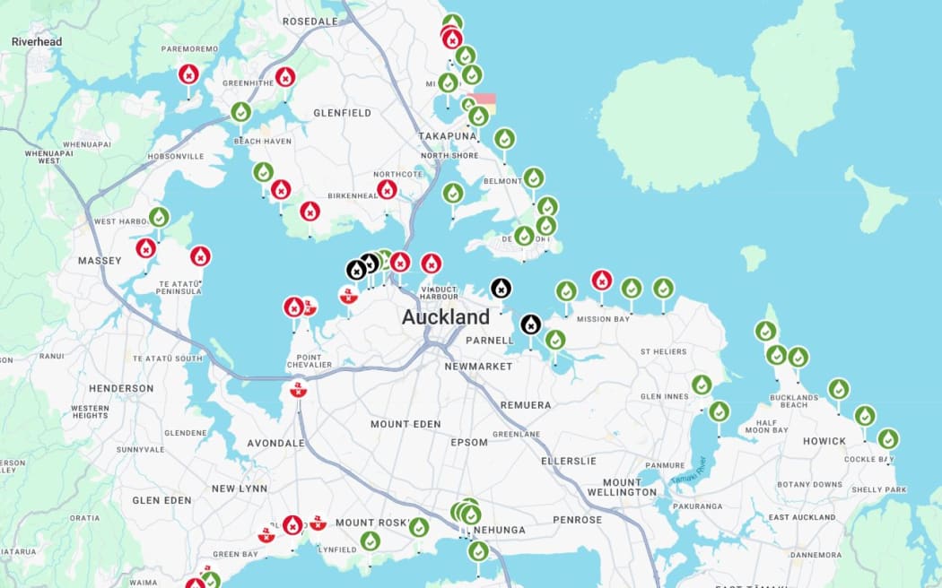 Dozens of beaches around Auckland have been put on high alert (denoted by red icons) due to high levels of faecal bacteria. The black icons show beaches that have been closed.