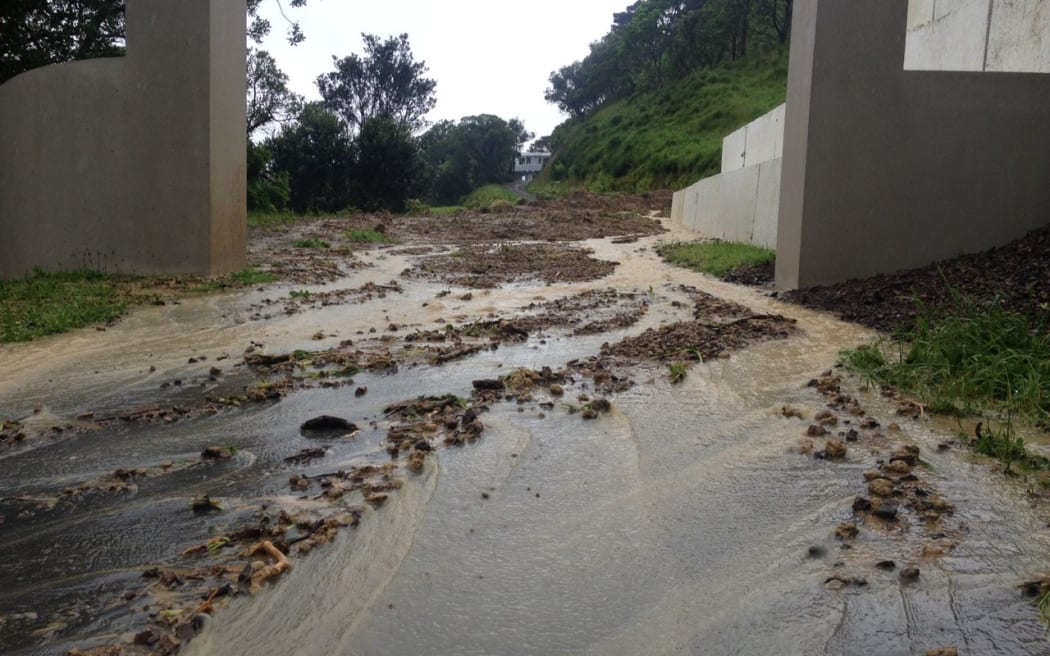 Flooding in the Wellington suburb of Kaiwharawhara after heavy downpours.