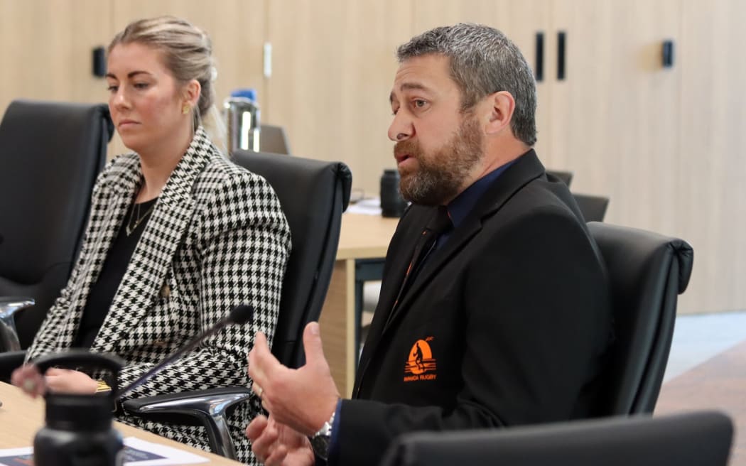 Pāpāmoa Rugby Club chairman Nick Jones and committee member Leah Sutton at the Tauranga City Council 2025/26 annual plan hearings on May 13 2025. Held at 90 Devonport. Photo / Alisha Evans