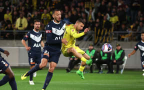 Phoenix Kosta Barbarouses (R with Melbourne Victory Captain Roderick Miranda during the A-League Men’s Semi Final 1 (2nd leg) - Wellington Phoenix v Melbourne  Victory FC at Sky Stadium.