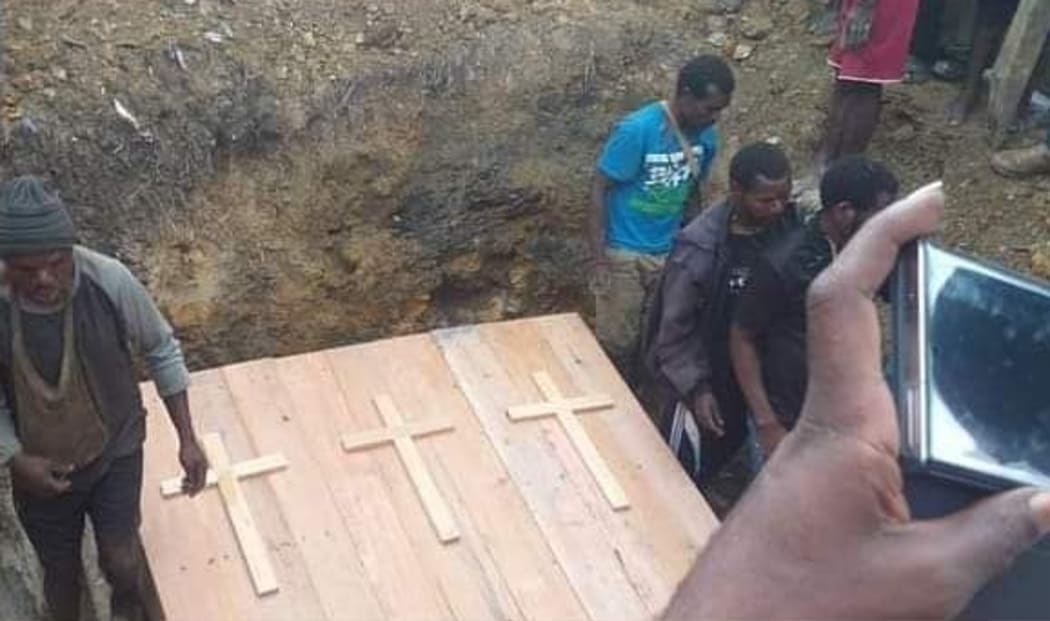 The coffins of three West Papuan men killed by Indonesia's military on 16 February 2021 in Sugapa, Intan Jaya regency.