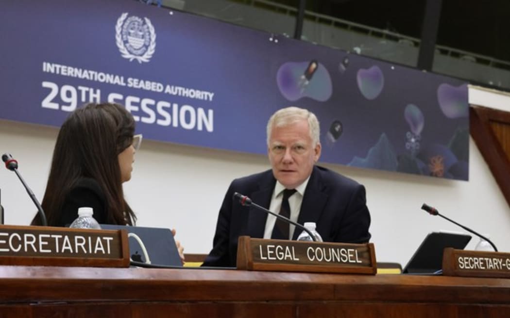 International Seabed Authority Secretary-General Michael Lodge (right) is pictured at the ISA’s 29th assembly in Kingston, Jamaica on July 29, 2024.