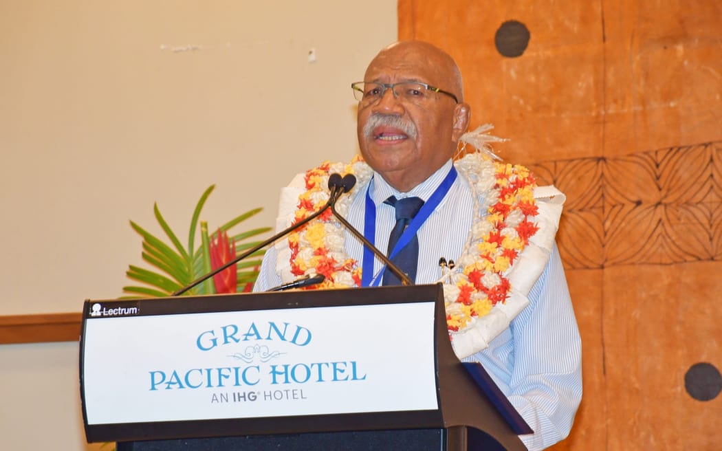 Fiji Prime Minister Sitiveni Rabuka addresses delegates at the opening of the inaugral National Economic Summit in Suva. April 2023.