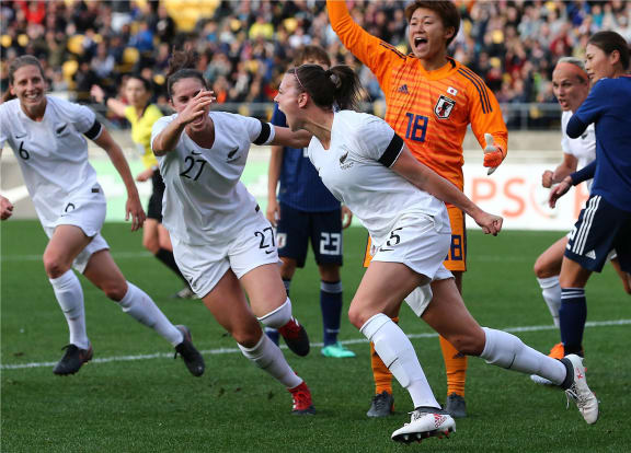 Football Ferns Meikayla Moore celebrates her goal during the international football friendly. New Zealand Football Ferns V Japan. Westpac Stadium, Wellington. Sunday 10th June 2018.