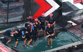 Team NZ celebrate win over Artemis which put them through to the America's Cup match.