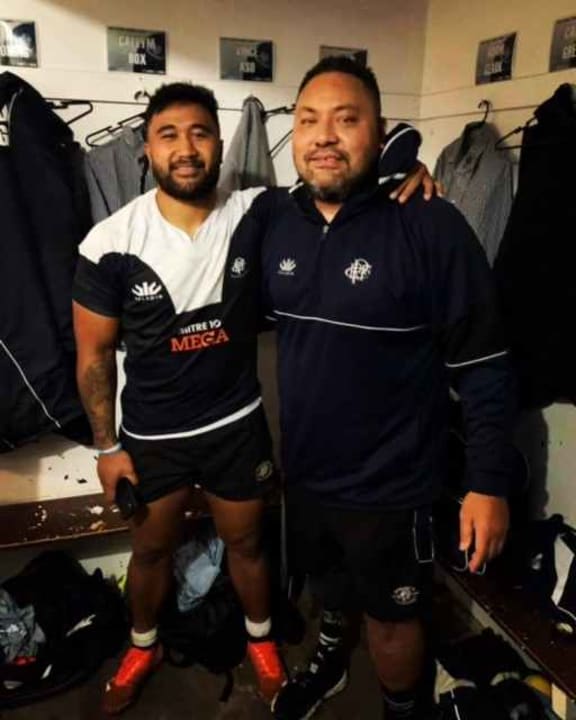 Ezra Iupeli with Petone and Hurricanes midfielder Vince Aso after a recent Premier club game.
