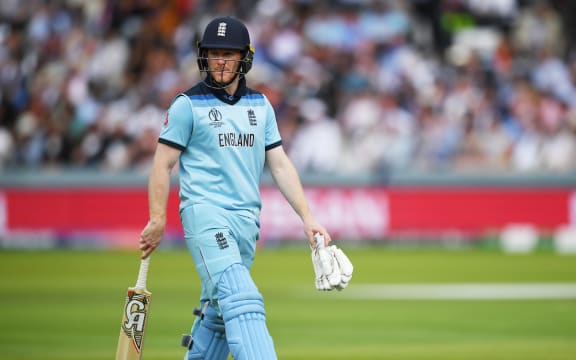 Eoin Morgan heads back to the dressing room at the Cricket World Cup final.