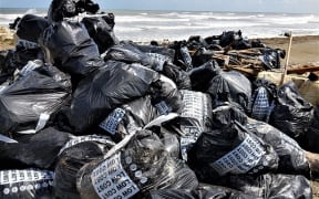 Bags of rubbish removed during the Greymouth beach clean-up.