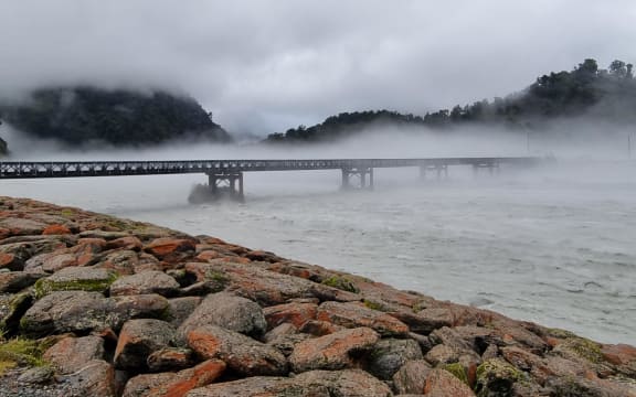 The Waiho Bridge levels are dropping following severe heavy rain in the Westland are on 19 January 2024. Picture taken morning on 20 January 2024.