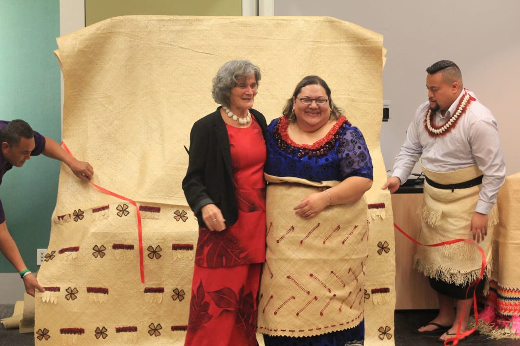 Tagaloatele Professor Peggy Fairbairn-Dunlop and 'Aulola Fuka-Lino officially launching Heilala Malu.
