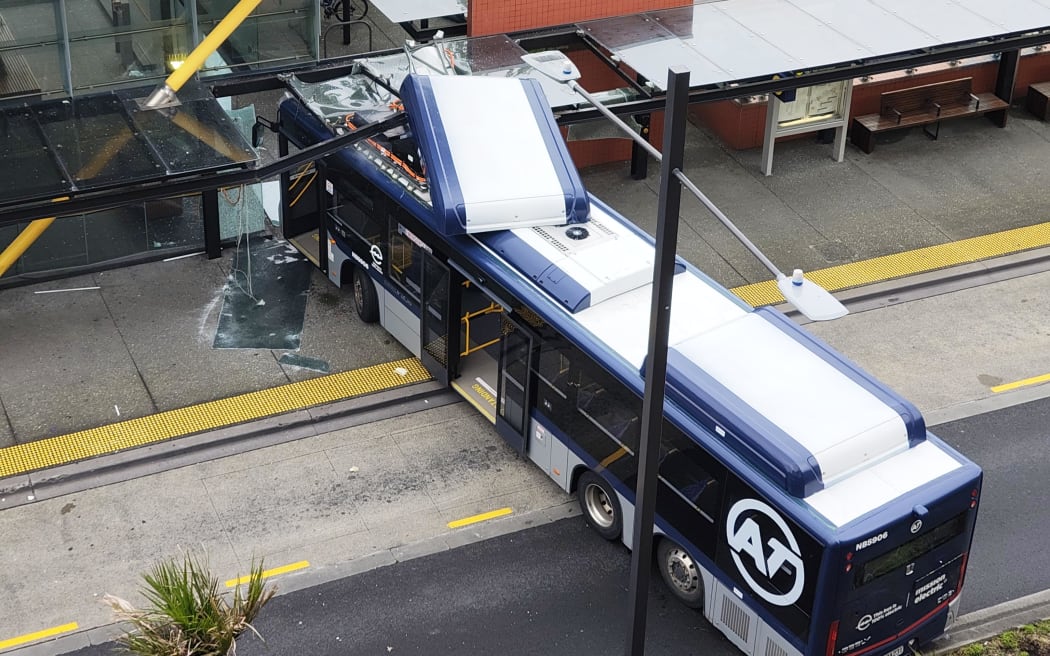 An Auckland Transport bus has crashed into New Lynn train station. Photo / Reddit