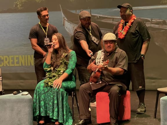 Chelsea Cuthers-Munro singing at the screening of her documentary, 'The Vaka that Waited' at the Mangere Arts Centre.
