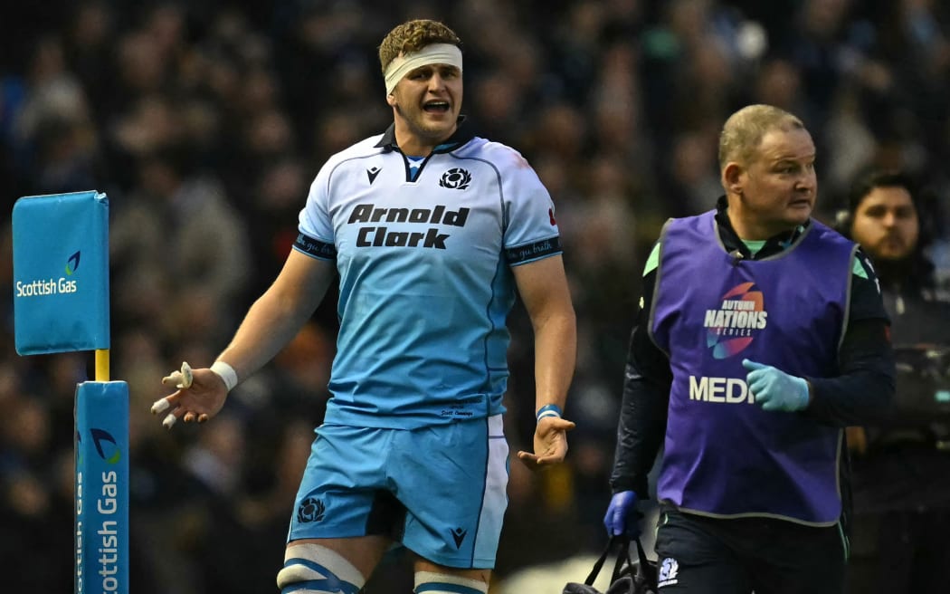 Scotland's lock Scott Cummings reacts as he is sent to the sin bin during the rugby test against the Springboks at Murrayfield. His yellow card was later upgraded to a red.