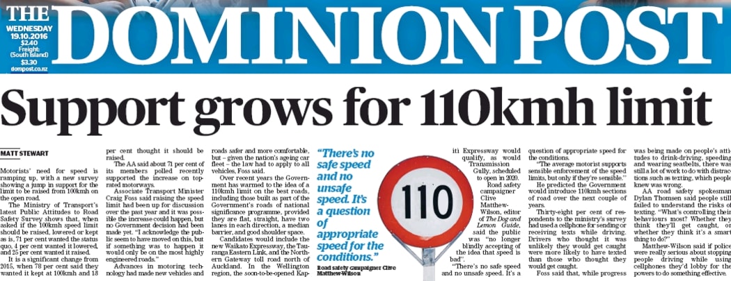 The Dominion Post front page claimes a "surge in support" for a higher speed limit - but 75% of New Zealanders don't support that at all.